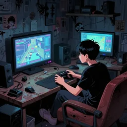 manga illustration of teenager playing video games inside creepy 1 9 8 0's living room basement.