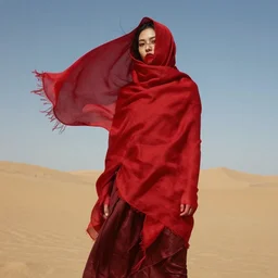 a fashion model covered by a red scarf blowing in the wind in the desert, e by richard benning, pinterest, figuration libre, redshift, feminine, angular