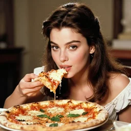 sharing a pizza margherita, young sophia loren, movie star, queen margherita of savoy, beautiful, stunning, smooth lighting, exquisit detail, masterpiece, timeless, historical photo by letizia battaglia
