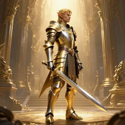 elf profile view full body with armor in golden and silver colors and a curve long sword in, epic masterpiece of cinematographic hyperrealism, realistic shaded lighting poster by craig mallismo, artgerm, jeremy lipkin and michael garmash, unreal engine, radiant light, detailed and intricate environment, digital art, art station trends
