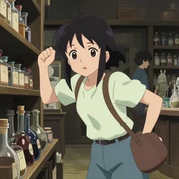 anime visual, portrait of a young female traveler in a alchemist's potion shop interior shopping, low light, cute face by ilya kuvshinov, yoh yoshinari, makoto shinkai, katsura masakazu, dynamic pose, dynamic perspective, cel shaded, flat shading mucha, crisp smooth clean lines, rounded eyes, moody