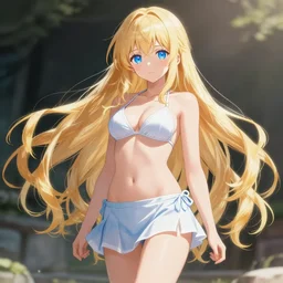 a very beautiful young anime girl with long blond hair, long legs, extremely long wavy long blond hair, sky blue eyes, full round face,, bikini, miniskirt, highly detailed, cinematic wallpaper by stanley artgerm lau