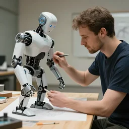 man enslaving robot to make art