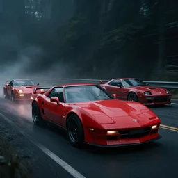 Bladerunner 2049 scene red sports car driving on empty road dark atmospheric volumetric lighting grungy moody dark cinematic Roger Deakins Cinematography futuristic cyberpunk car soul red GTR NSX RX8 C3 Chaser S16 Evolution 10 Z07 R34 ikuo maeda Newton Thomas Sigel bladerunner 2049 screen cap still