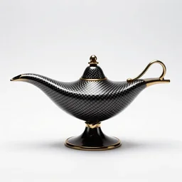 carbon fiber aladdin's lamp, studio product photography, isolated on a pure white background, centered, entire object in frame, sharp focus, soft studio lighting