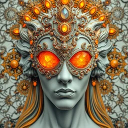 human portrait, face, wearing a carved mineral mask with tiny mineral incrustations, godness, ethereal, opal, elements, baroque, rococo, white + orange + ink + tarot card with ornate by marc simonetti, peter mohrbacher, cinematics lights, detailed, intricate illustration, octane render, fractal bacground, fine art, golden ratio, sacred, mechanical