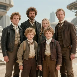 sharp, highly detailed, 9126k film, 7000mm film, frame scan from a sci fi blockbuster color movie made in 2019, a family of four time travelers from 1860 travel in time to 2019, appearing in a shopping mall, looking surprised, the family are all wearing 1860s era clothes, good lighting, in focus, cinematic still, professional high quality scan, in focus, 700mm f/1.4L lens