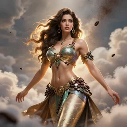 a beautiful female goddess of coffee character, character is in all its glory, character is centered on the image, character is in heroic natural pose, rim lights, coffee in the air, fancy clouds, highly detailed professional photo, dynamic lights, particles are flying, depth of field, trending on artstation, illustration, hyper realistic, vray caustics, super detailed, colorful accents, cinematic shot