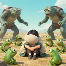resolution 4k worlds of loss and depression made in abyss design Akihito Tsukushi design body pepe the frogs fighting in the civil war group of them attacking a monster war , battlefield darkness military drummer boy pepe , desolated city ivory dream like storybooks, fractals , pepe the frogs at war, art in the style of and Oleg Vdovenko and Gustave dore and Akihito Tsukushi