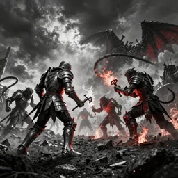 confusing perspective, rammstein in armor, fire, fighting monsters, black and white and red, 4 k, photograph