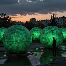 soviet brutalims huge green concrete orbs in city view by argerm and eddie mendoza, green glow, puddles of water, sunset, trees, dark, moody, volumetric lighting, dirty