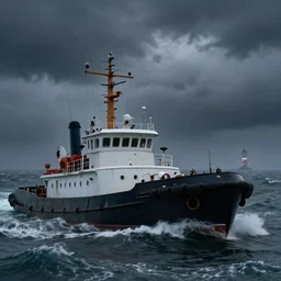 in the style of gerald brom, caravaggio, tugboat out at sea, rough water, foggy, night, lighthouse in distance, storm