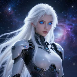 perfect android girl on a mothership, warframe armor, beautiful face, scifi, futuristic, galaxy, nebula, raytracing, dreamy, long white hair, blue cyborg eyes, sharp focus, cinematic lighting, highly detailed, artstation, divine, by gauthier leblanc, kazuya takahashi, huifeng huang