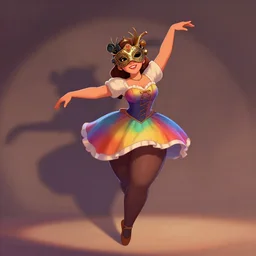 an fantasy scenery of a beautiful girl dancer, thick tights, curvy, detailed face, wearing a beautiful intricately detailed steam punk mask, and clasical rainbow short dress, by disney, beautiful shadows, romantic atmosphere, artstation, cartoon art, 8 k