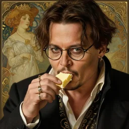 photography of johnny depp eating butter, deep focus, intricate, elegant, highly detailed, digital painting, artstation, concept art, matte, sharp focus, illustration, art by artgerm and greg rutkowski and alphonse mucha