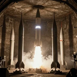 grainy photo from the 1950s of multiple missiles being launched from an underground base, 4k, high quality, very detailed,
