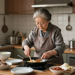 old japanese lady cooking, old 1 9 0 0's kitchen, pan and plates, hyperdetailed, artstation, cgsociety, 8 k