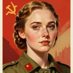 ( ( ( a soviet propaganda poster of ) ) ) sophie turner as a communist, portrait, closeup, digital art, by ross tran, by angel ganev, highly detailed, trending on artstationhq