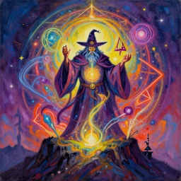 Oil painting of a wizard on death mountain. Layered colorful magic spells in guernica style. Neon geometric geometric inks artwork. Elemental envelopment of the arcane master mage's ritual