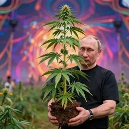 Vladimir Putin holding a giant marijuana plant, trance festival background, amazing digital art, highly detailed, trending on artstation