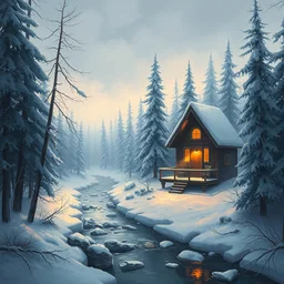 snowy cozy home in a forrest by a small river in canada, by philippe gare, artstation, greg rutkowski