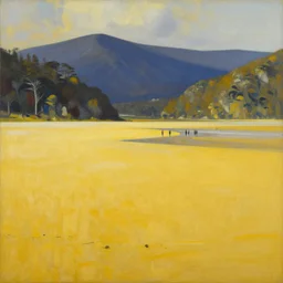 amazing vast scenery, group of human figures in the distance for scale, golden bay new zealand, abel tasman, abstract surrealist landscape painting