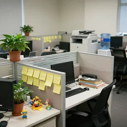 photography of a cheap boring office 0 0 s interior indoors, cubicles, post it notes, desk toys, a potted plant, desks and old computers, copy machines and water coolers in the background