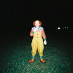 circa 2 0 0 2 1 3 mm color film photograph of a clown in a field, liminal, dark pitch black, flash on, blurry, grainy, unsettling