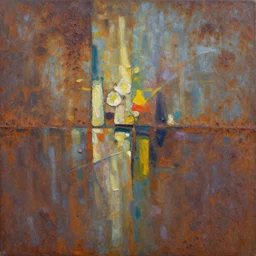 an abstract oil painting on rusted metal. udnis, cuttlie, fragrant, spasidsh. by normal cokcwell.
