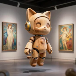 3 d octane render ultra photorealistic 8 k hyper detailed, a very very cute wooden statue robot of the roman anthropology cat ears cyberpunk flying in the space intergalactic in a contemporary art gallery in neo tokyo artwork by alphonse mucha