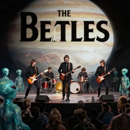 the beatles playing a concert on jupiter to a crowd of aliens. photograph 8 k cinematic colored