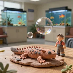 plasticine model of [ [ [ [ newt ] ] ] ] figures clay surreal. strange. bubbles. weird fish tank in waiting room. photorealistic.
