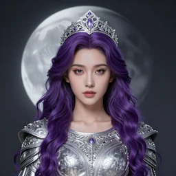 portrait of prophetess of the moon, silver filigree armor and tiara, moon above head, purple wavy hair, translucent skin, wide striking eyes, beautiful! coherent! by brom, by junji ito, strong line, high contrast, muted color