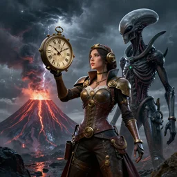 by kaburagi kiyokata and android jones, visually stunning, cinematic, ultra realistic, hyper realism, 1 2 k, epic, octane render, unreal engine, vfx, maya, a woman dressed in steam punk clothing holding a clock, speak to the storm, vitruvian alien, the volcano is wet, circuitry, ornate