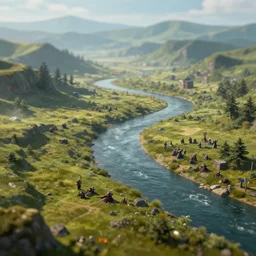 serene landscape with a river in the style of a warhammer 4 0 k battlefield, tiltshift view