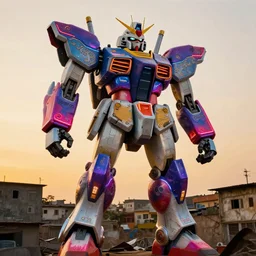colourful - damaged - giant mecha ROBOT of neon lit AJEGUNLE SLUMS of Lagos, markings on robot, Golden Hour,