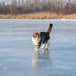 a cat standing on the middle of a frozen lake
