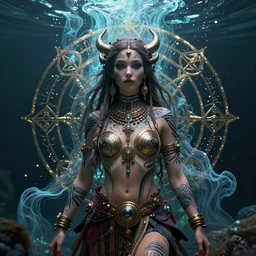 a centered render of an mytical festival hippy with tribal tattoos wearing intricate metallic clothing surrounded by a underwater ink pour and flowing liquid gallium and sacred geometry, perfect body and face, gorgeous, cinematic, beautifully lit, by miho hirano, by karol bak, by donato giancola, 3 d, trending on artstation, octane render, 8 k