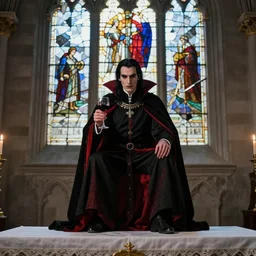 vampire dressed in black and red medieval noble’s clothing, with long black hair, clean shaven, holding a glass of wine and a lit match, sitting atop a catholic church altar, backdrop a shattered stain glass window. Wide shot, realistic, ominous.
