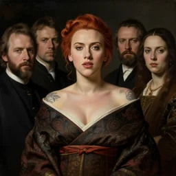 front symmetric portrait of very young scarlet johansson in japanese costume, tattooed shoulder, by jan van eyck, tom bagshaw, jean delville, william bouguereau, albrecht durer, symbolist painting, mysterious mood,