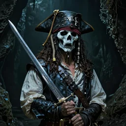 realistic photo of a ghost pirate head and torso, holding a sword, standing in a grotto, dark, brooding, paul carrick, atmospheric lighting, intricate, ultra detailed, well composed, best on artstation, cgsociety, epic, stunning, gorgeous, intricate detail, wow, masterpiece