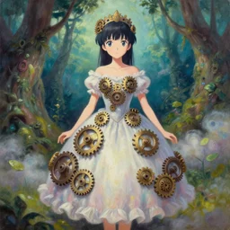 scifi pricess of the cloud forest, wearing a lovely dress decorated with toothwheels and cogs. this oil painting by the award - winning mangaka has an interesting color scheme and impeccable lighting.
