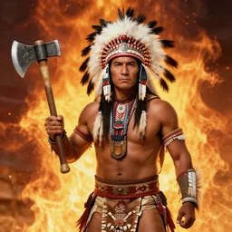 handsome Native American man wears warrior regalia and headdress, wielding a tomahawk, fiery background, digital art, stunning, 4k