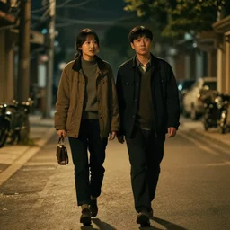 a couple walking, cinematic lighting, wow, establishing shot