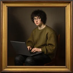 portrait painting of a shaggy black haired teenager!!! with glasses, an olive colored sweater and a black jean, with a laptop on his lap, full body, renaissance!!! painting!!!, ultra detailed, masterpiece, framed