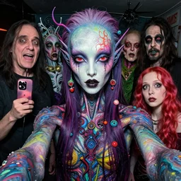 a psychedelic godlike humanoid, hyper detailed, in the style of h. r. giger and junji ito and bob ross and lisa frank, selfie
