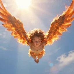 icarus falling through the sky, sun ray lens flares, peaceful reflective art piece by beatrice potter, dr seuss, dreamstime, league of legends and stuart riddell, masterpiece digital art trending on artstation. his wings are on fire but his eyes are closed, his beautiful clear and calm face with symmetrical features.