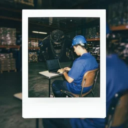 a polaroid photo of man using a laptop inside in warehouse, he sitting on chair and small table, he's wearing blue cloth and construction hat behind him is a very scary monster, photo from behind, highly details, perfect face shape, cinematic lighting,