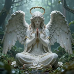 a world of dew, and within every dewdrop a world of struggle., fantasy intricate elegant, a arch angel sits in prayer under, lush volumetric lighting 3 d modelling