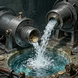a stream of water entering an organic machine and producing a coin in the style of H R Giger
